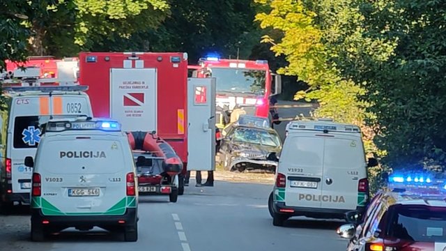 Pamatykite filmuotą medžiagą: ištrauktas į tvenkinį įskriejęs automobilis