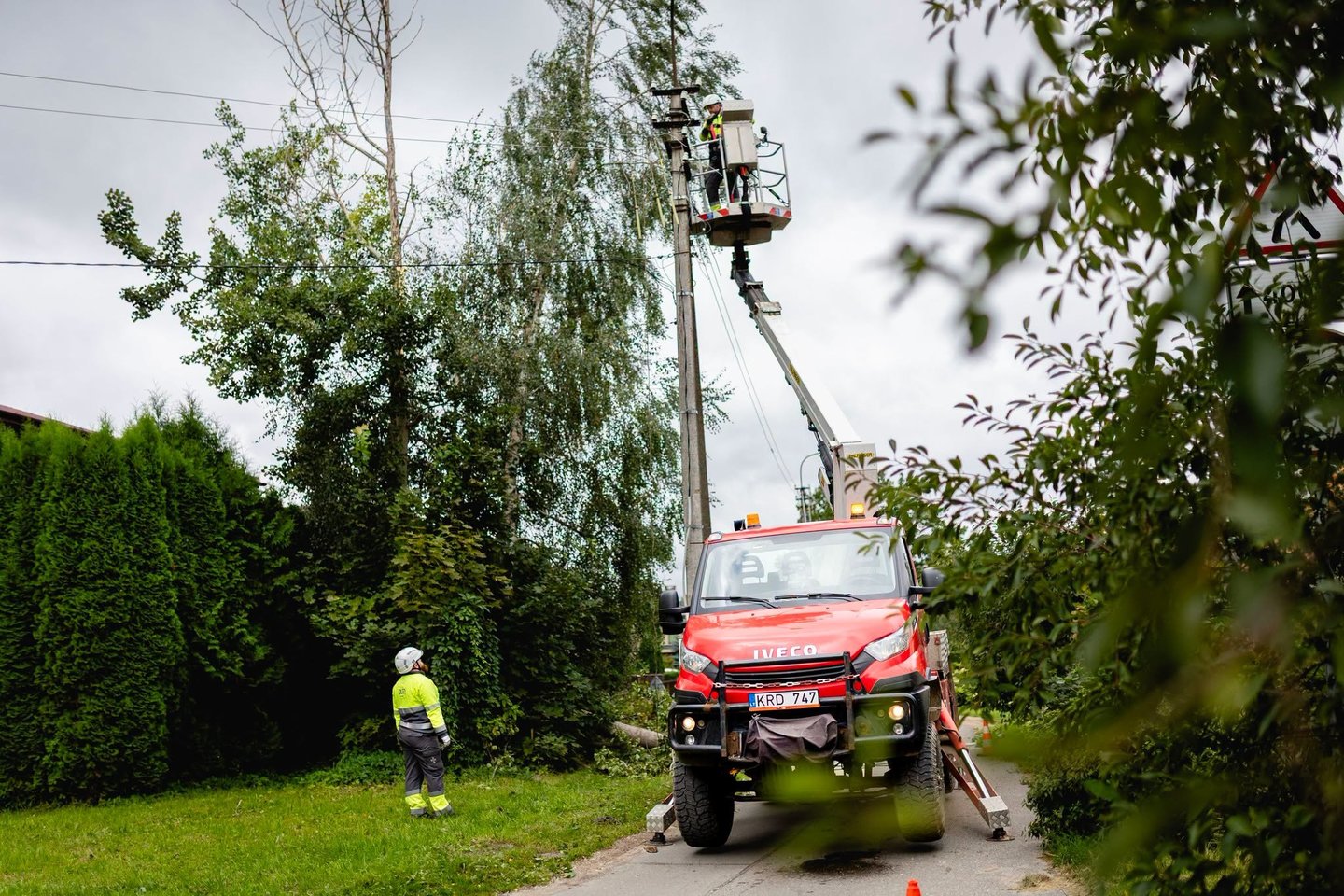 Energetikos ministras Lukas Savickas ir Energijos skirstymo operatoriaus (ESO) vadovas Renaldas Radvila sekmadienio pavakare Trakų rajone komentuoja pakomentavo audros padarinius ir jų šalinimo darbus.<br>ESO nuotr.