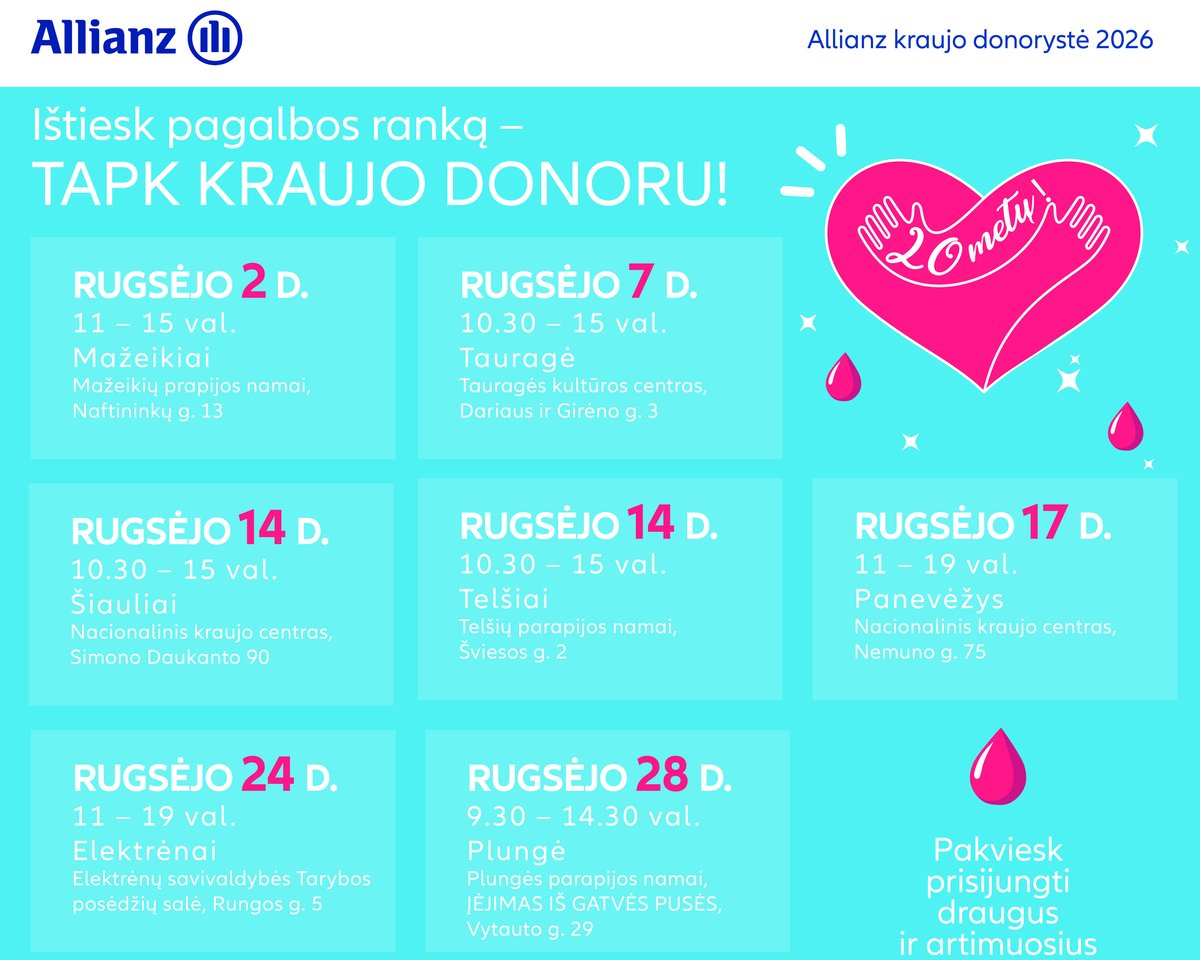 „Allianz Lietuva“ kartu su Nacionaliniu kraujo centru vėl kviečia prisijungti prie donorystės akcijų visoje Lietuvoje.