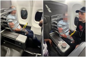 Drama „American Airlines“ lėktuve: įsisiautėjusį keleivį tramdė apvynioję lipnia juosta kaip mumiją
