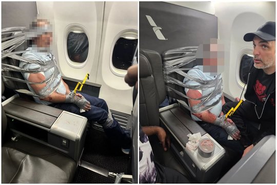 Drama „American Airlines“ lėktuve: įsisiautėjusį keleivį tramdė apvynioję lipnia juosta kaip mumiją