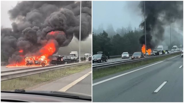 Užfiksavo vaizdus iš automagistralėje A1 kilusios masinės avarijos: vienas automobilis užsidegė