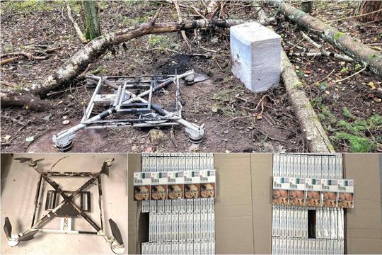 Pasieniečių nutupdytas dronas užsidegė, bet baltarusiškos cigaretės išliko