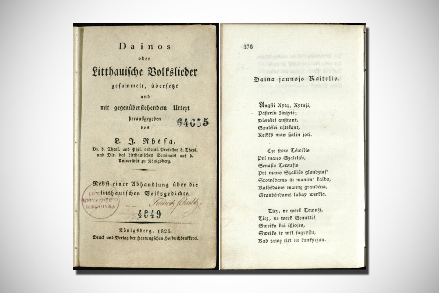 Liudviko Rėzos parengto ir 1825 m. Karaliaučiuje išleisto rinkinio „Dainos“ puslapiai.<br> VU iliustr.