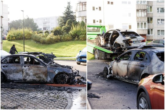 Vilniaus daugiabučio kieme naktį sudegintas „Mercedes“, apdegė dar trys automobiliai