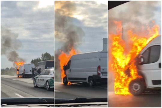 Autostradoje Vilnius – Kaunas sudegė mikroautobusas, susidarė spūstis