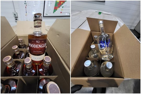 Kauno apylinkėse sulaikyta 17 tūkst. butelių degtinės ir škotiško viskio: įtariama, kad alkoholis falsifikuotas