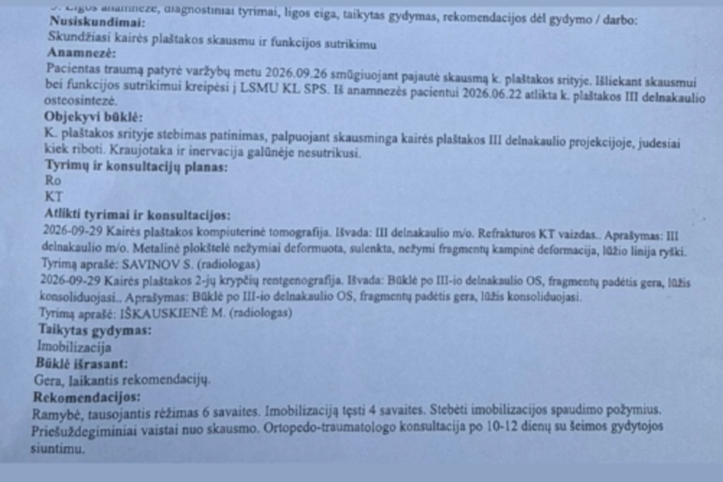 Gydytojo išrašas.