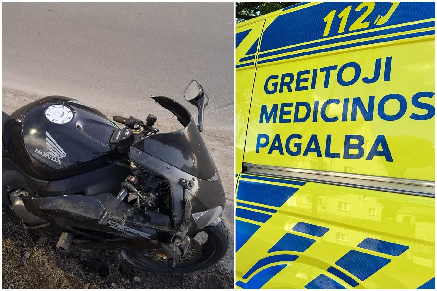 Motociklas po avarijos, greitoji pagalba.