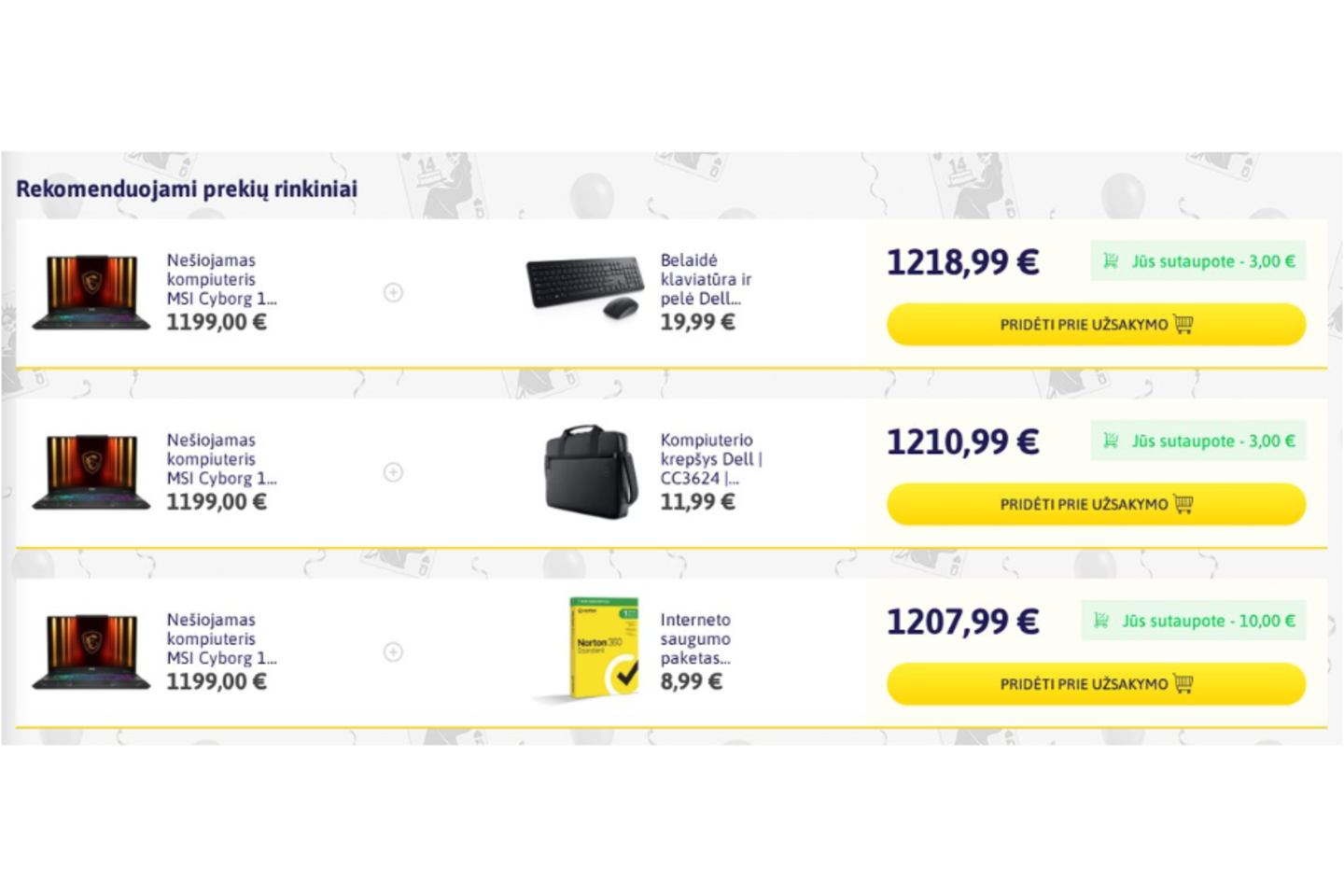Rinkiniai prekės puslapyje: bendra kaina, „Jūs sutaupote“ ir mygtukas „Pridėti prie užsakymo“.<br> bigbox.lt, ekrano nuotr.