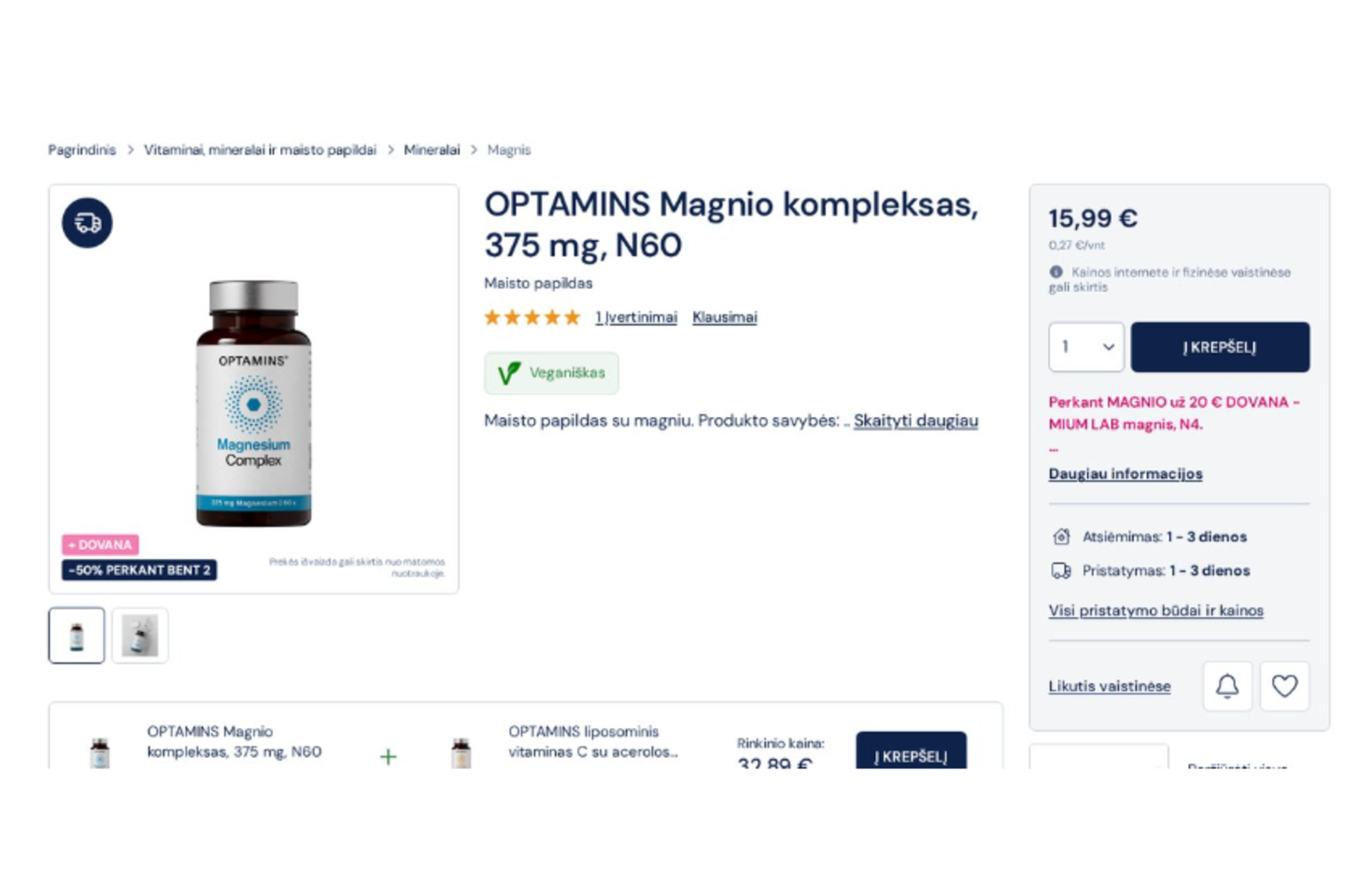 Kiekio nuolaidos ženklas, dovana nuo sumos ir rinkinys pirmame prekės puslapio ekrane.<br> benu.lt nuotr.