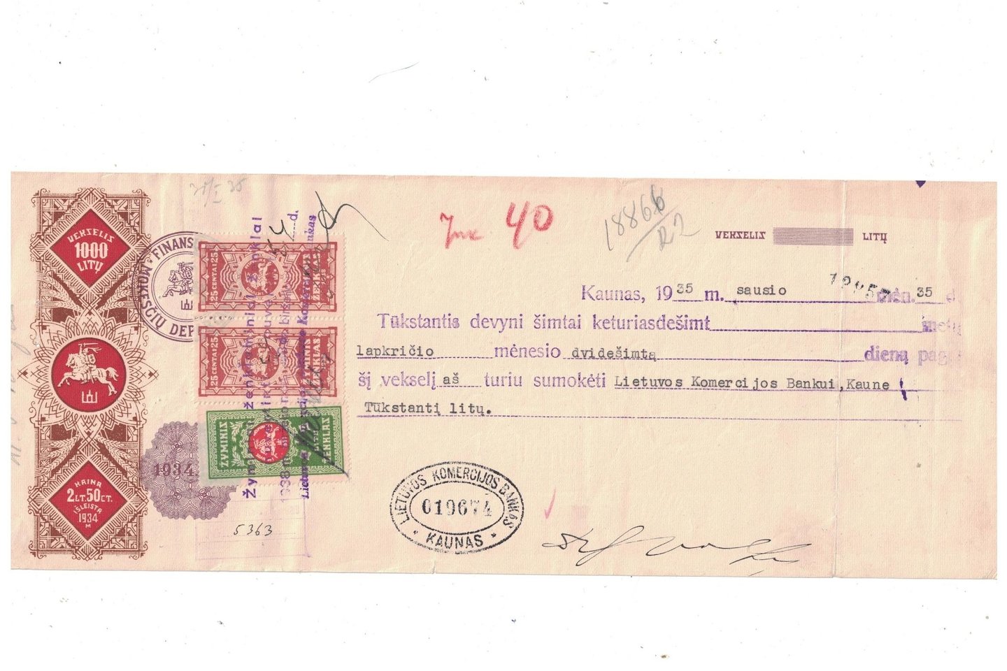 1935 m. S. Volfo pasirašytas vekselis. Iš asmeninės Michailo Duškeso judaikos kolekcijos.<br> „Volfas Engelman“ nuotr.