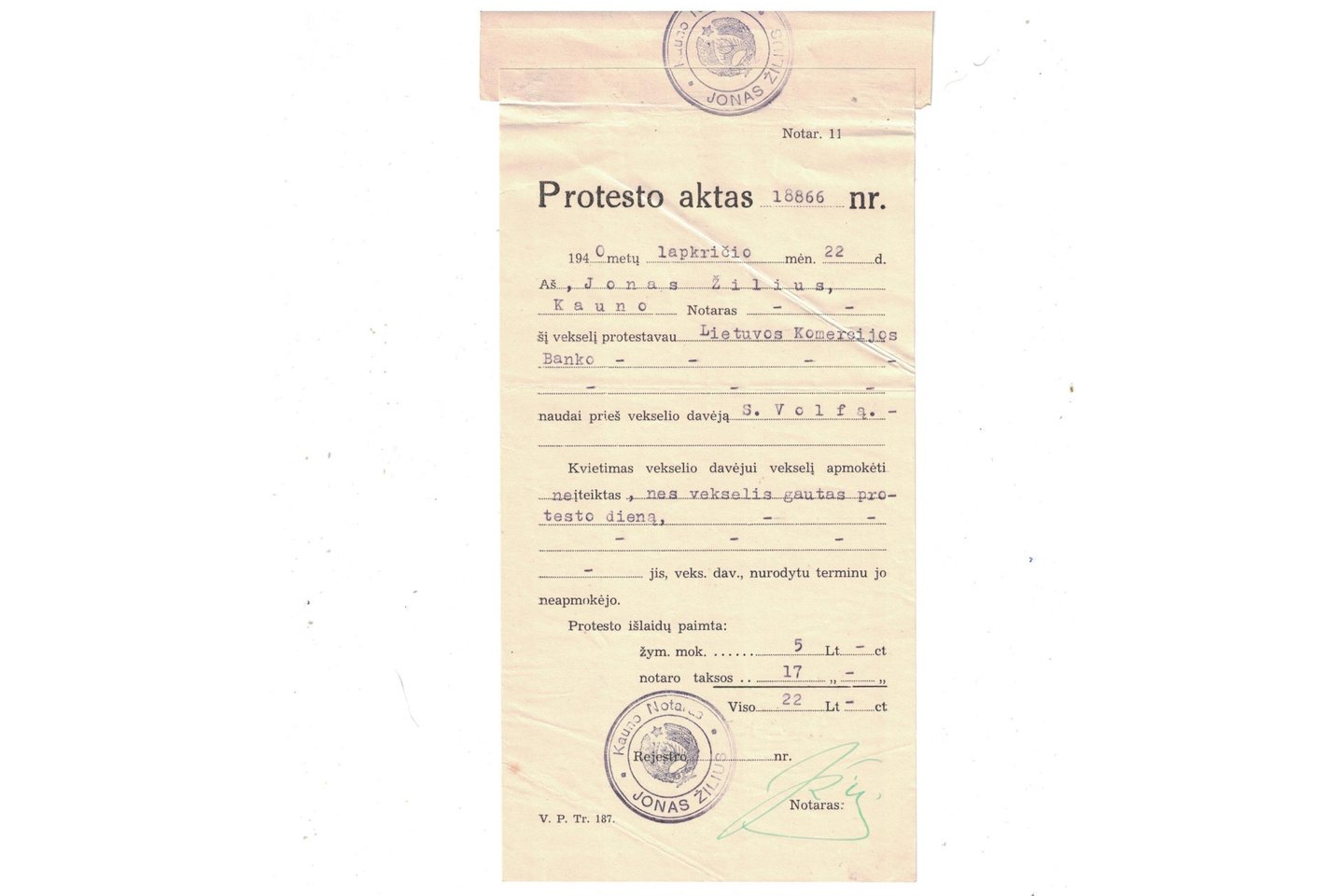 1940 m. notaro J. Žiliaus „Protesto aktas“. Iš asmeninės Michailo Duškeso judaikos kolekcijos.<br> „Volfas Engelman“ nuotr.